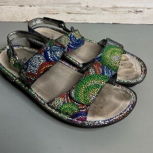 Alegria Verona Bullseye Metallic Leather Sandal Rainbow Multicolor Purple Sz 40